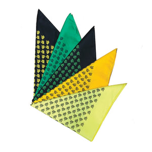 An image of our yellow, green, and black UP bandanas.