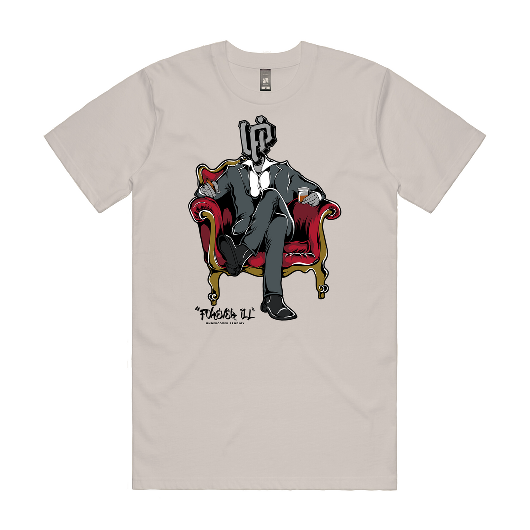 White-shirt-with-mobster-sitting-on-chair-with-UP-logo-as-a-head