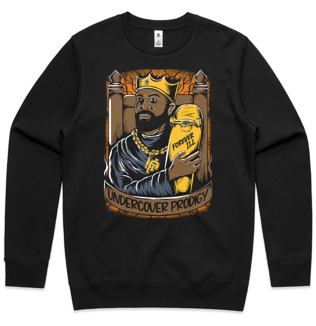 Black-Crewneck-with-king-holding-forever-ill-skateboard